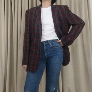 Vintage Zenbrielle Red and Gray Plaid Wool Blend Blazer